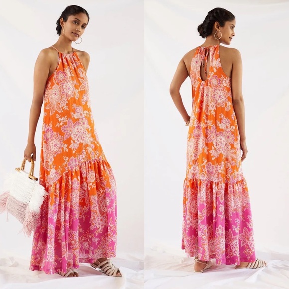 Anthropologie Maeve Flounced Halter Maxi Dress Pink Orange Large NWOT - Picture 1 of 13